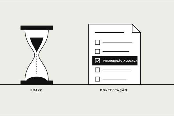 Ilustração: ampulheta ao lado de uma contestação com o item prescrição alegada marcado